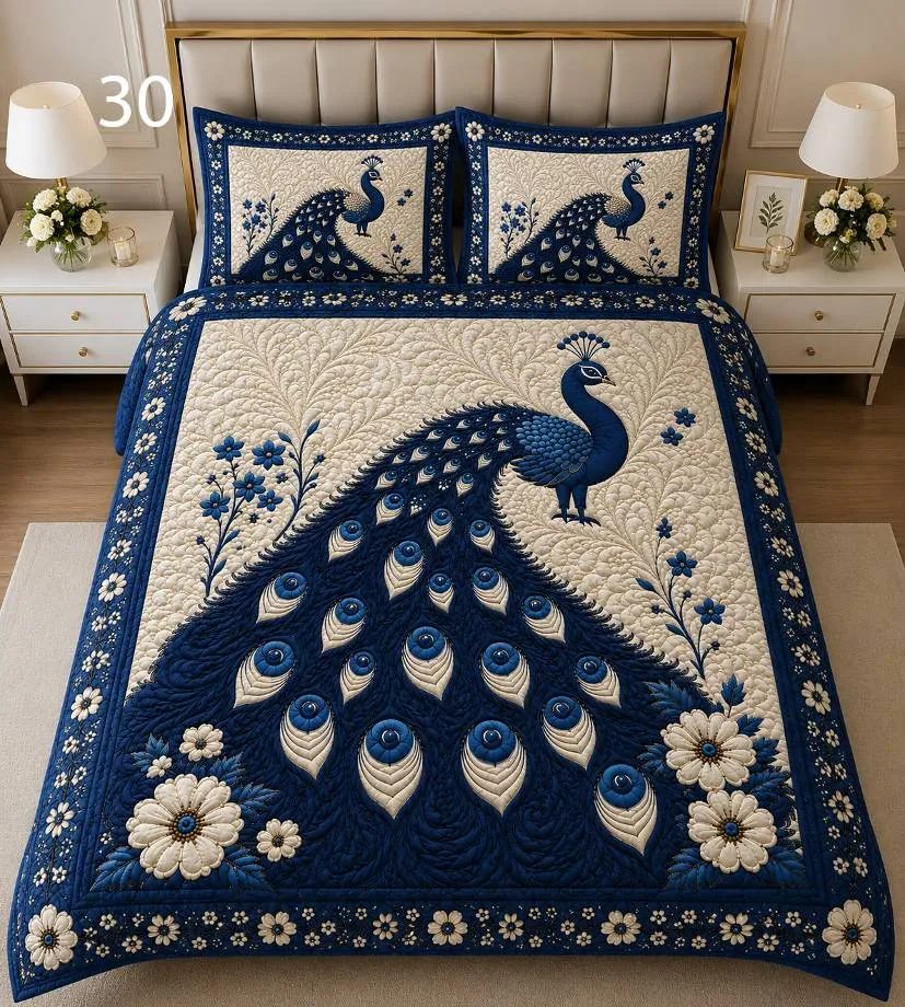 Navy Peacock Quilt Bedsheet Set