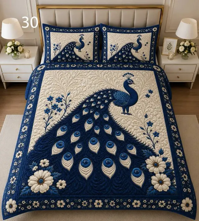 Navy Peacock Quilt Bedsheet Set