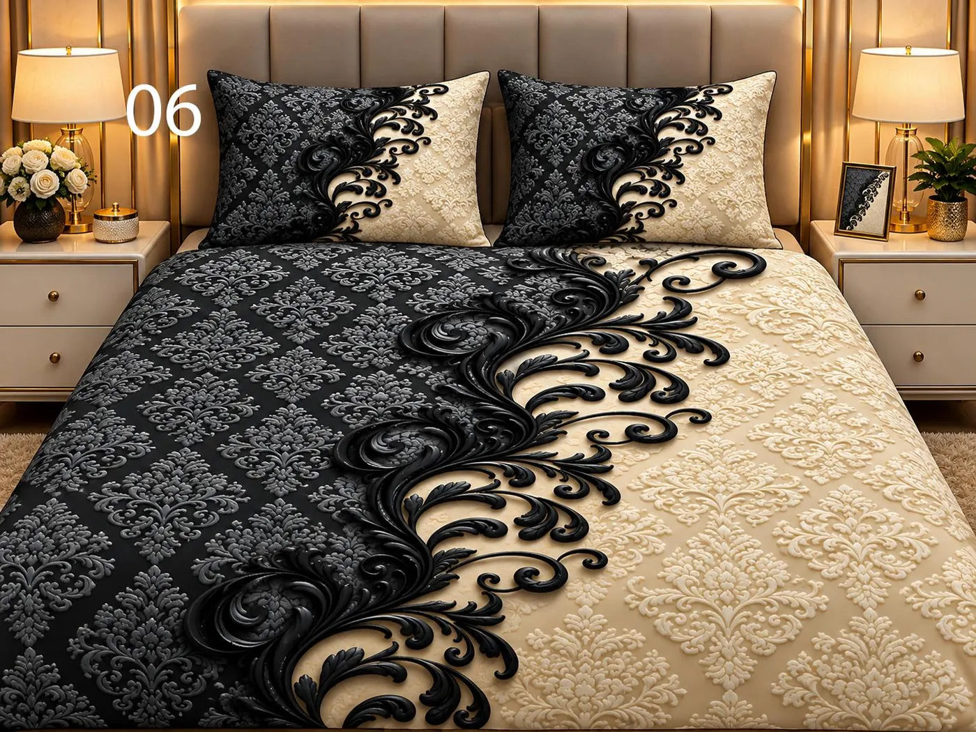Black & Ivory Damask Bedsheet Set