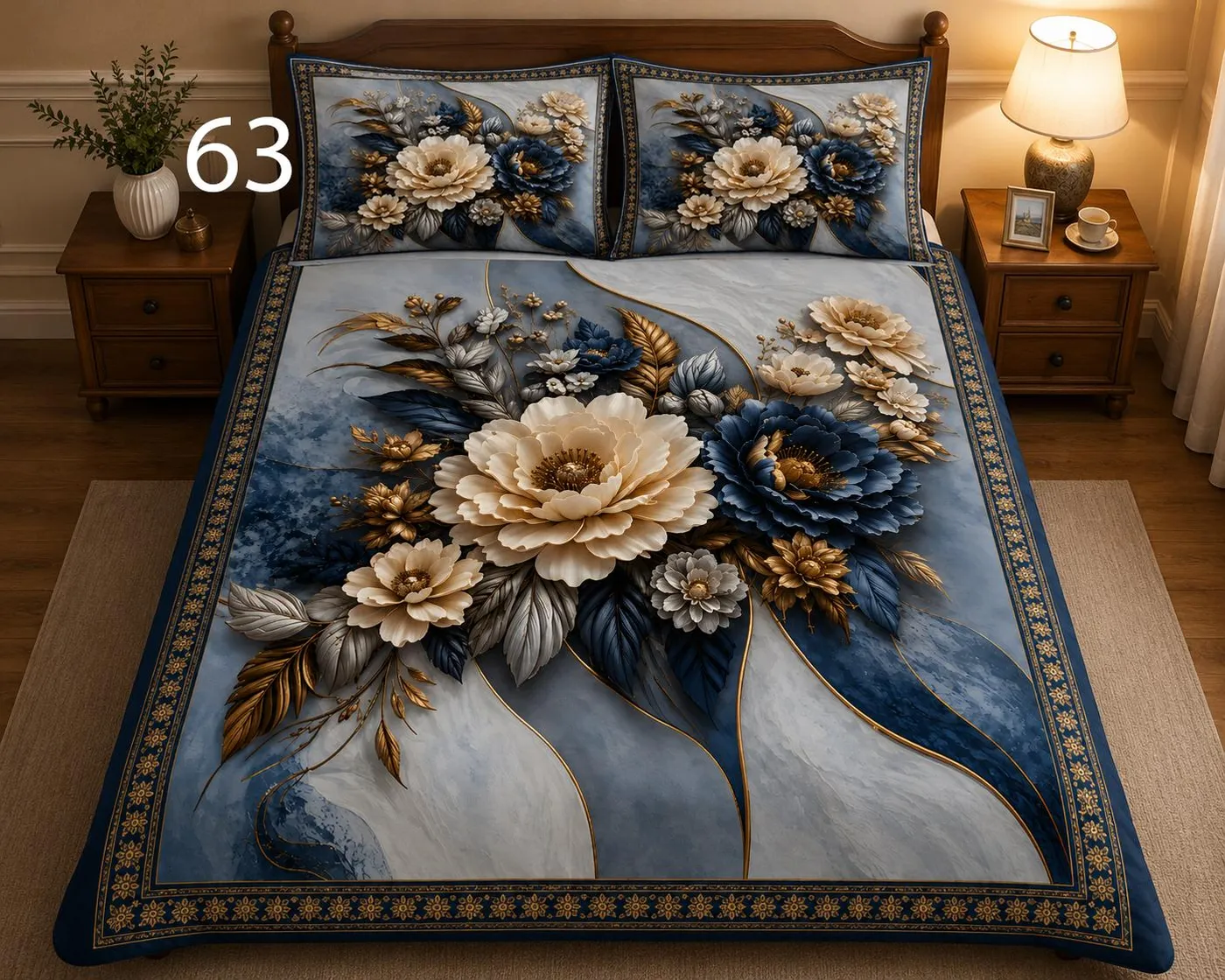 Blue Gold Bloom Bedsheet Set