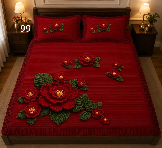 Red Crochet Rose Bedsheet Set