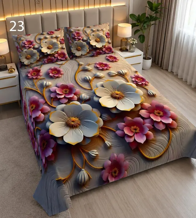 3D Golden Blossom Bedsheet Set