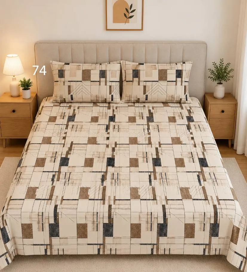 Beige Geometric Check Bedsheet Set